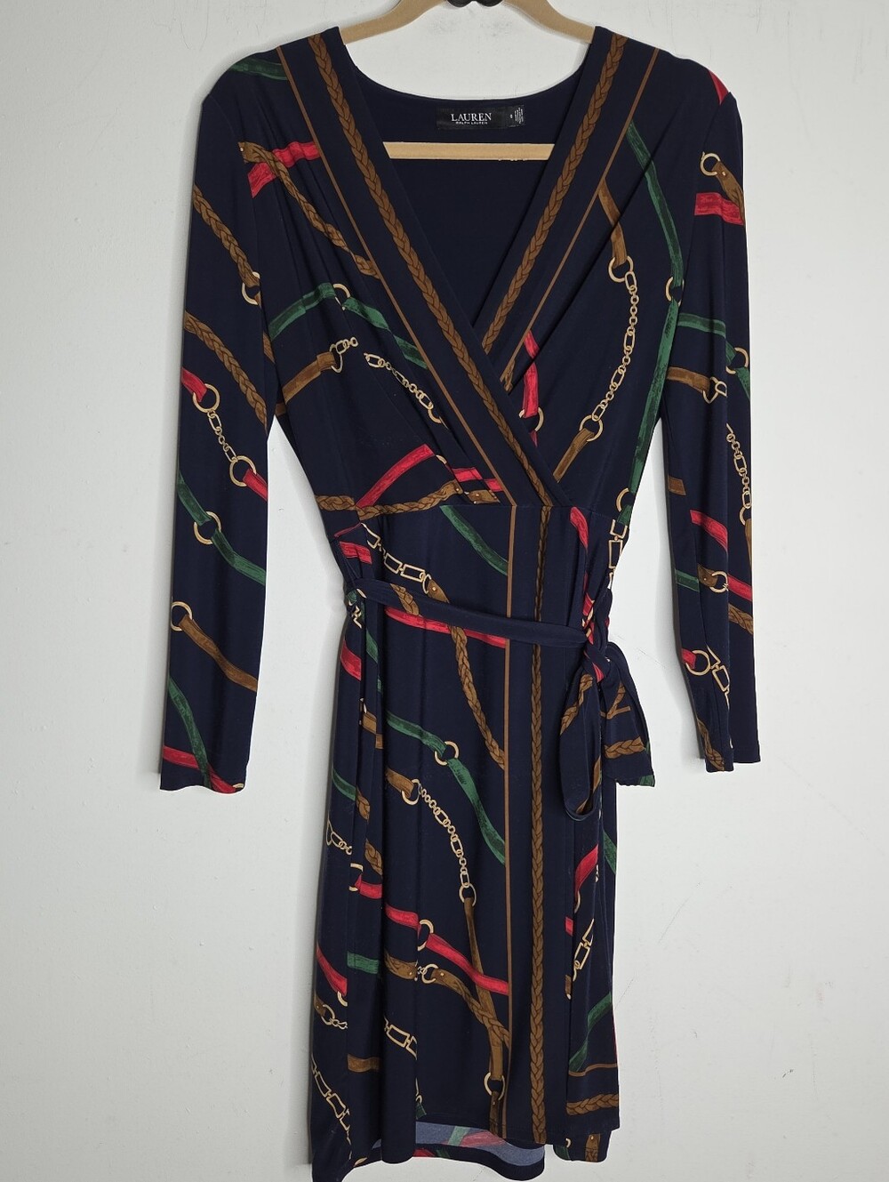 Lauren Ralph Lauren Women’s Size 6 Navy Equestrian Print Wrap Dress Belted
